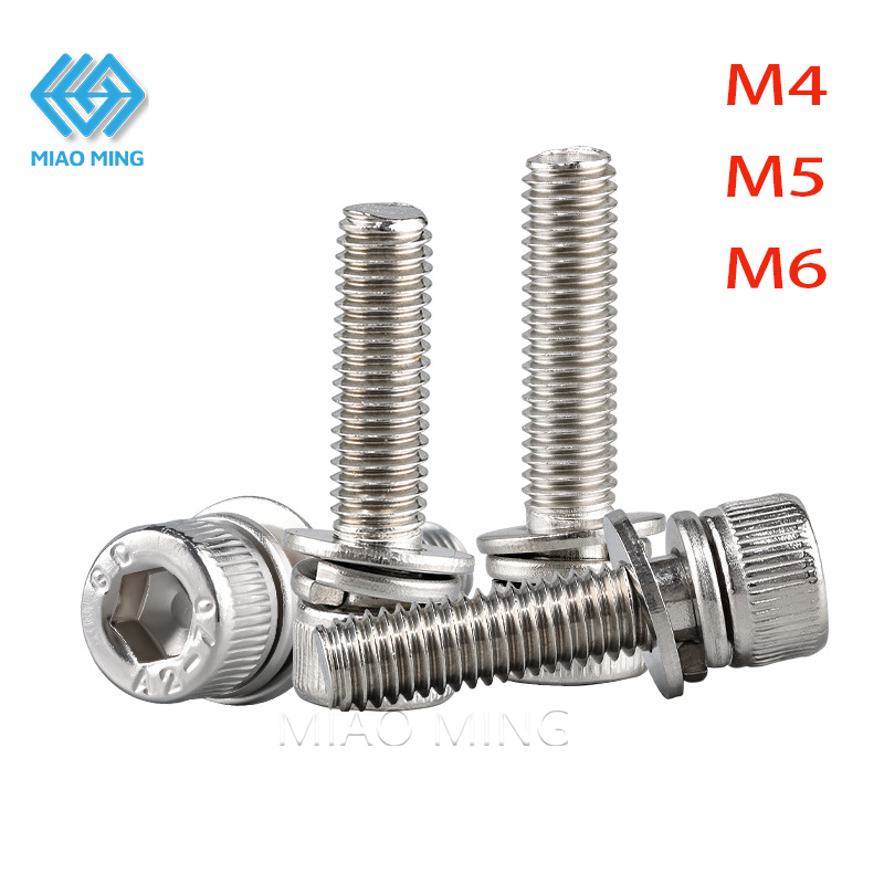M4 M5 M6 304 สแตนเลสหกเหลี่ยมภายในสกรูธรรมดาเครื่องซักผ้าสกรูหกเหลี่ยม Hex ซ็อกเก็ตหัวหมวก Allen Bolt สกรู