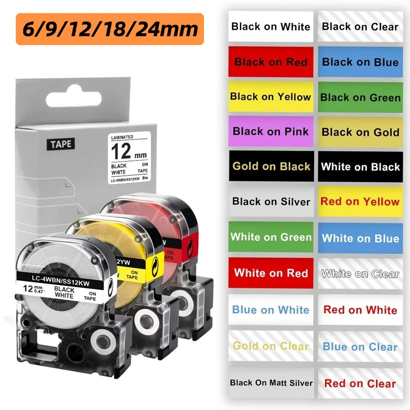6/9/12/18/24 มม.สําหรับ EPSON SS12KW LC-4WBN เทปฉลากเติม LabelWorks / KingJim TepraPro เครื่องพิมพ์ฉลาก LW-300 LW-400 LW-500 LW-600P LW-700W-900P SR-R7900P SR3