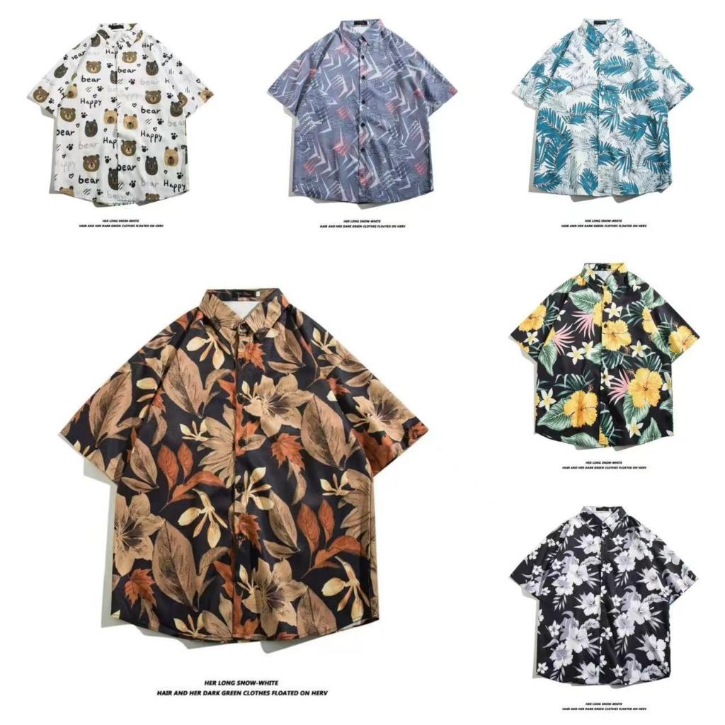 เสื้อเชิ้ตแขนสั้นลําลอง ทรงหลวม ลายดอกไม้ เหมาะกับเดินชายหาด แฟชั่นฤดูร้อน สไตล์ฮาวาย สําหรับผู้ชาย M-3XL 100 แบบ รุ่น 5156 D46