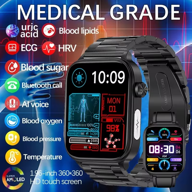 ใหม่ ECG + PPG เกรดทางการแพทย์สมาร์ทนาฬิกาผู้ชายเลือดกลูโคสเลือดเลือดไขมัน Uric Acid การตรวจสอบบลูทูธโทรสุขภาพ Smartwatches