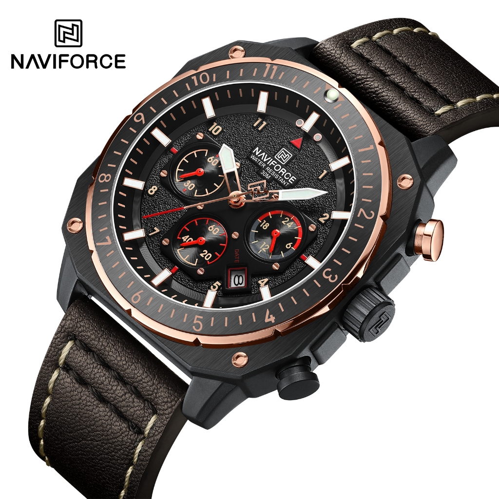 Naviforce 8057 แฟชั่นสันทนาการกีฬากันน้ําผู้ชายควอตซ์ Writswatch วันที่ Luminous Pointer สายหนังสังกะสีกรณีรอบ Dial Design Man Chronograph