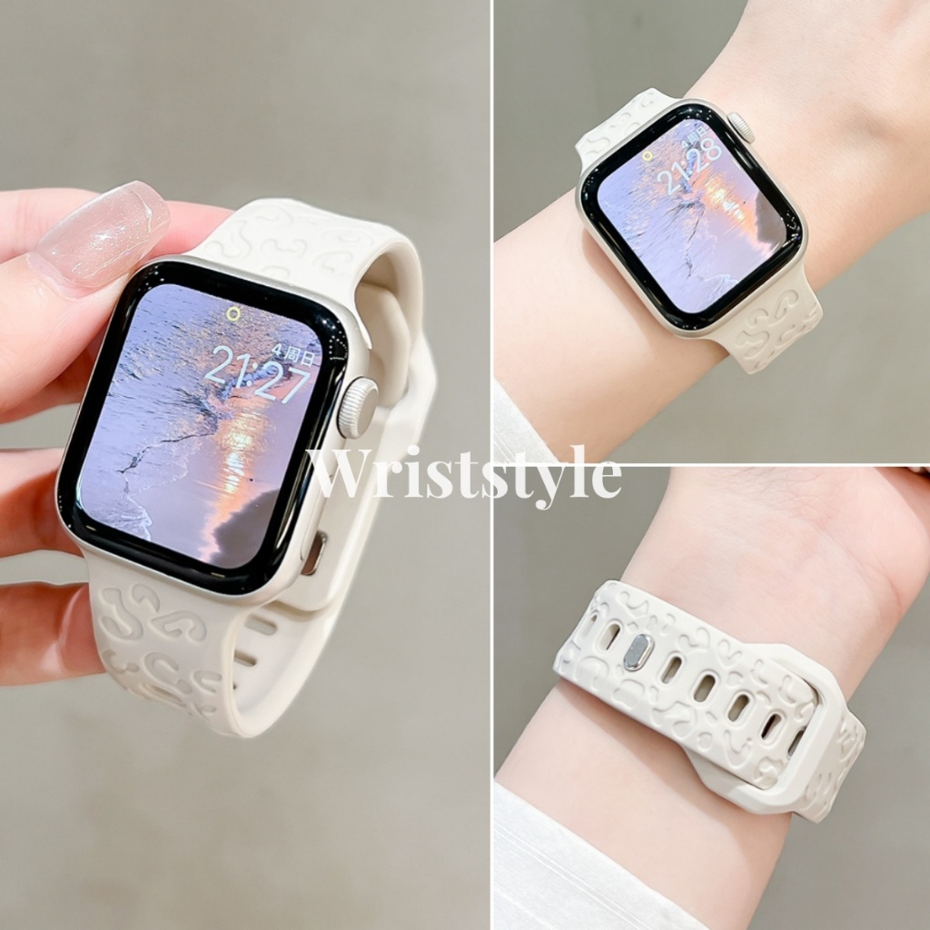 เสือดาวสายรัดซิลิโคนสําหรับ Apple Watch S9/8/7/6/5/4/3/2/1 SE2 ULTRA แกะสลัก Dot เปลี่ยนสร้อยข้อมือสําหรับ iWatch 49 มม.45 มม.44 42 41 40 38 อุปกรณ์เสริมผู้ชายผู้หญิง