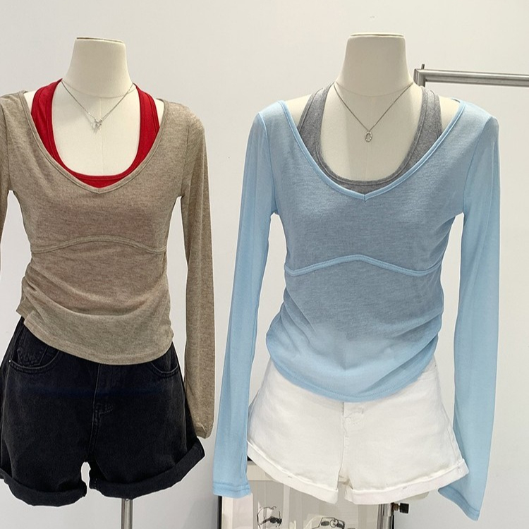เสื้อกั๊กเชือกแขวนคอคอวี + เสื้อยืดแขนยาวโปร่งใสเล็กน้อยบางชุดสองชิ้น 77067