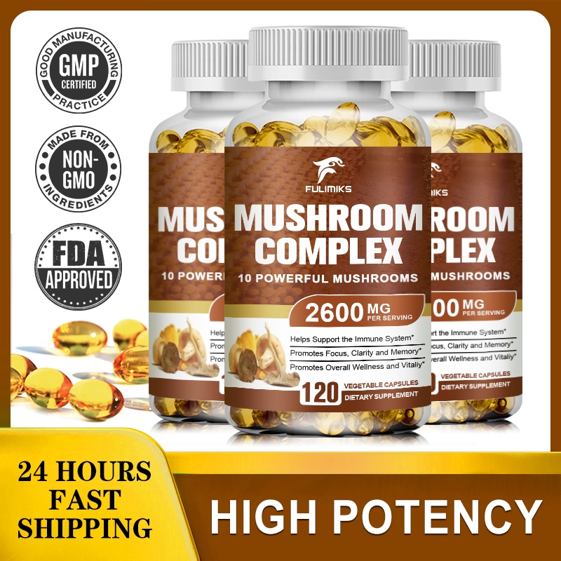 วีแกน 10x Mushroom Complex Capsules with Lions Mane, Chaga, Reishi, Cordyceps For Men & Women Mood & Stress ผลิตภัณฑ์เสริมอาหาร