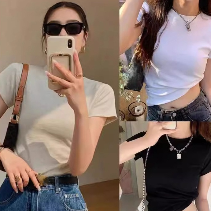 🔥พร้อมส่ง🔥 MSD เสื้อยืดผู้หญิงคอกลมแขนสั้นสีทึบแฟชั่นแขนสั้น Y2K