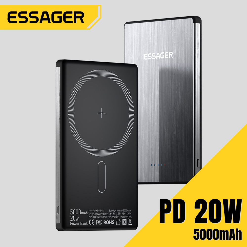 Essager S 5000mAh แม่เหล็กชาร์จไร้สายแปรงพื้นผิวโลหะ 15W Fast Charging Power Bank การออกแบบบางเฉียบสําหรับ iP Samsung