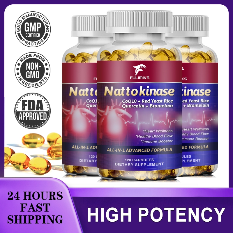 Nattokinase Capsules 10,100MG พร้อม CoQ10 + Quercetin ข้าวยีสต์แดง + Bromelain -Immune Booster