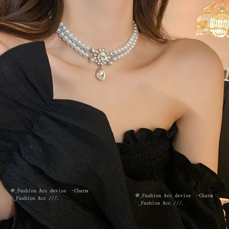 เพชร-ชุดมุกวางสร้อยคอสองชั้นขนาดเล็กวินเทจอารมณ์เสื้อกันหนาวโซ่แสงหรูหราความรู้สึกระดับสูงของเครื่องประดับอารมณ์ขายส่ง