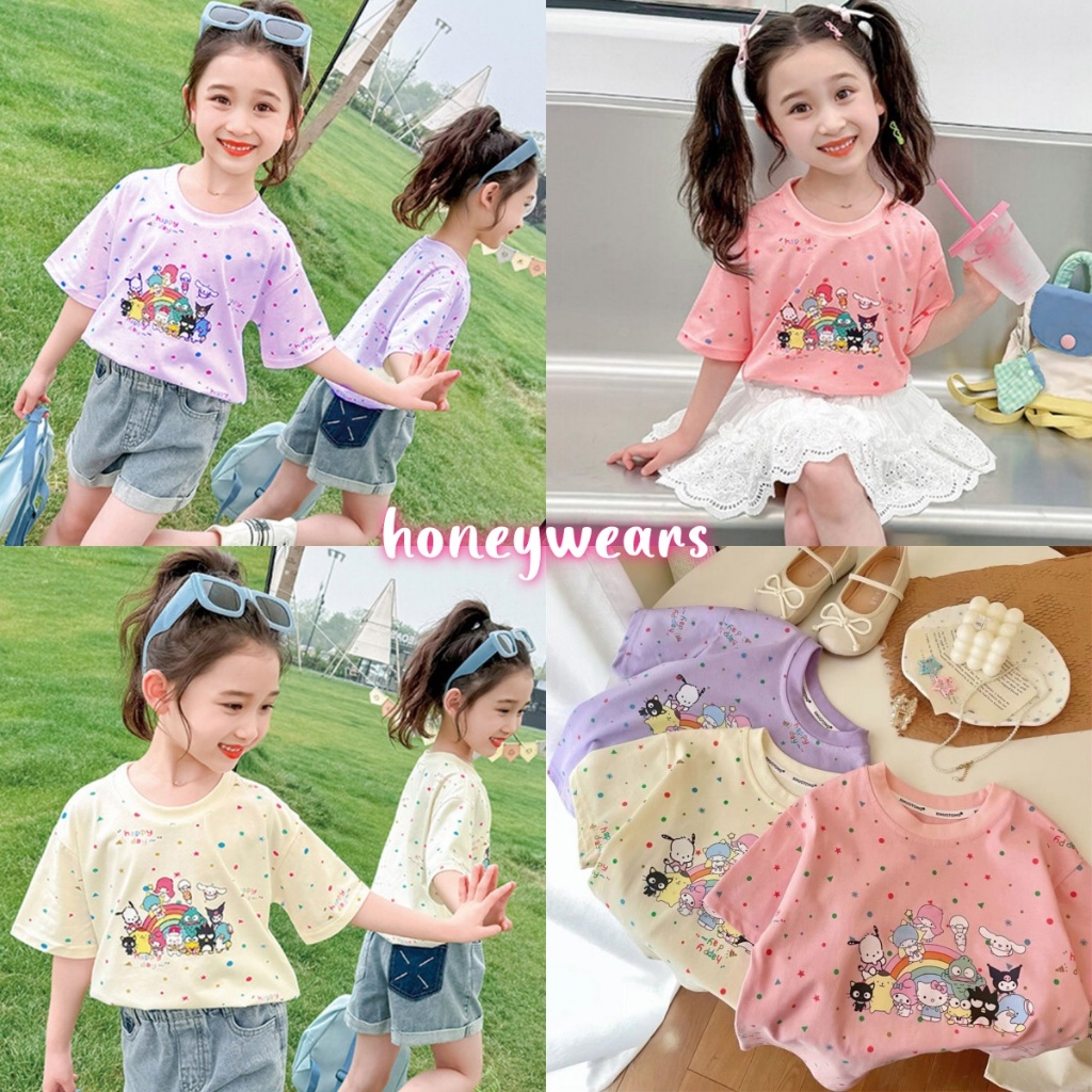 honeywears พร้อมส่ง เสื้อยืดแขนสั้นเด็ก Sanrio งานสกรีนลาย สีหวานสดใส สไตล์เกาหลี ฤดูร้อน ไซส์ 110-150
