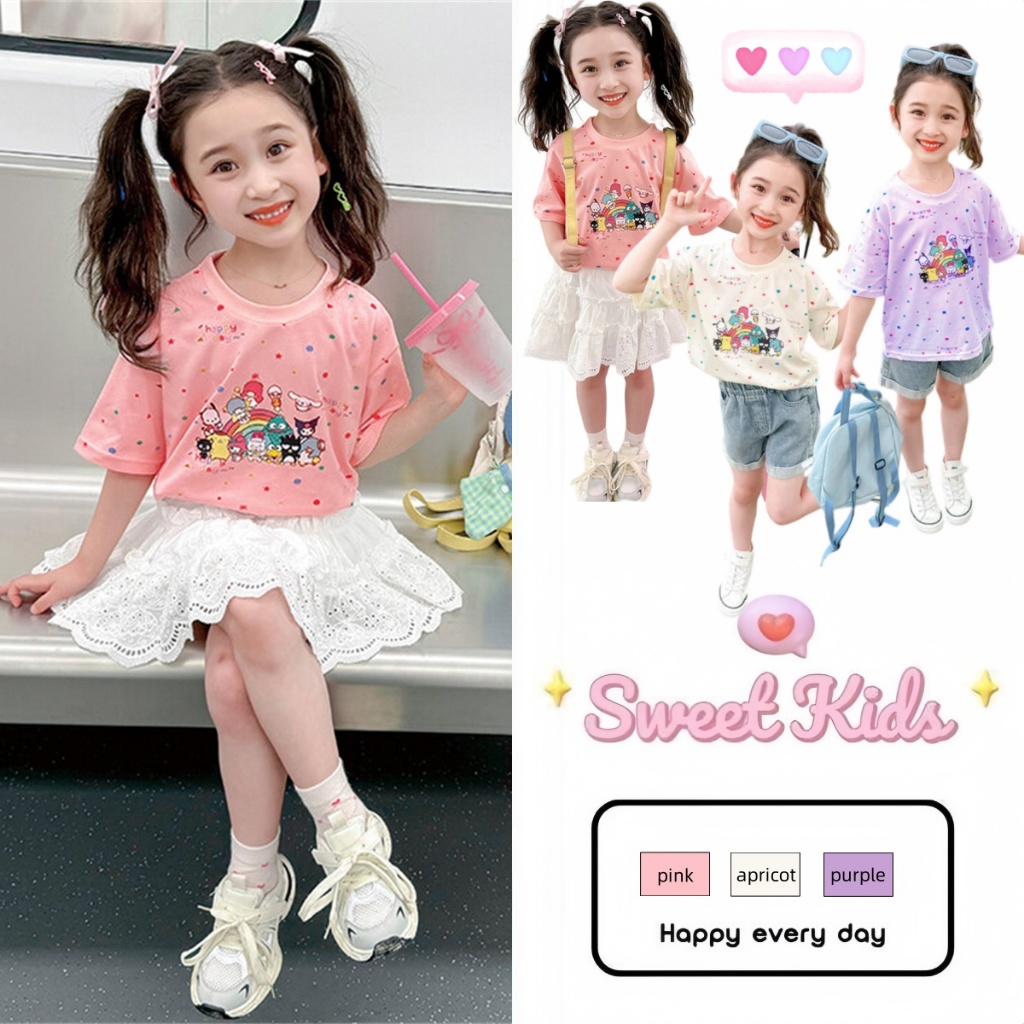 SweetKids พร้อมส่งจากกทม เสื้อยืดแขนสั้นเด็กน่ารัก พิมพ์ลายการ์ตูน ทรงหลวม แฟชั่นฤดูร้อน สไตล์เกาหลี สําหรับเด็กผู้หญิง