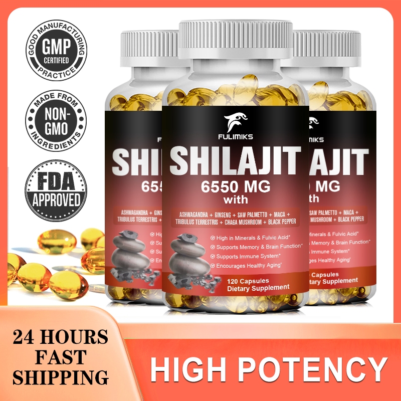 Shilajit Resin Himalayan Capsules - 6550mg - รวม Ashwagandha, Ginseng, Saw Palmetto, Maca, Tribulus, Chaga, Black Pepper, Immune System สุขภาพฟังก์ชั่นหน่วยความจําสมอง