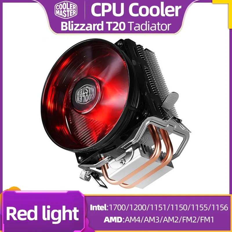 Cooler Master T20 2 ท่อความร้อน CPU Cooler 95.5 มม.Quiet CPU Cooling 3PIN สีแดงพัดลม LED RR-T2V1-20FK สําหรับ Intel 775 115X AMD AM4