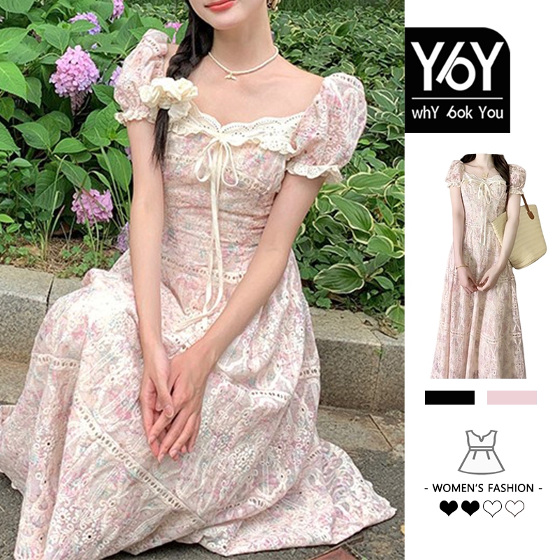 Y6y ชุดเดรสสุภาพสตรีลายดอกไม้แขนพัฟย้อนยุคฝรั่งเศส C6L43342 (สีชมพู)