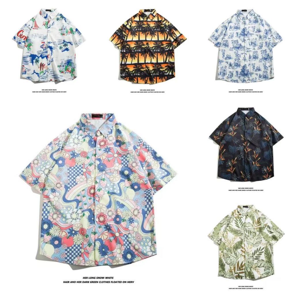 เสื้อฮาวาย hawaii แขนสั้น พิมพ์ลาย สำหรับผู้ชาย เสื้อเชิ้ตฮาวาย ฮาวายสไตล์เกาหลี ผ้าใส่สบาย สินค้าพร้อมส่ง M-3XL 100 แบบ รุ่น 5158 D47