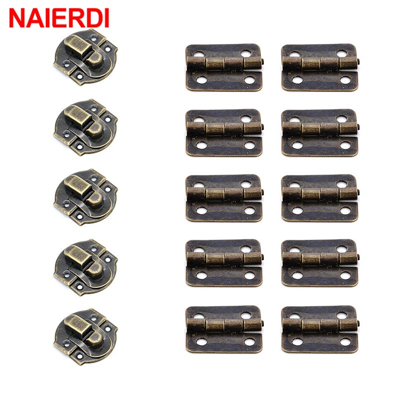 Naierdi 5PCS โลหะโบราณขนาดเล็ก Hasps ล็อคสําหรับเครื่องประดับไม้กล่อง + 10PCS โบราณ Bronze บานพับตู้ Mini บานพับ