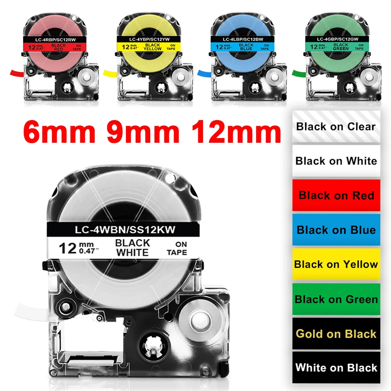6/9/12/18/24 มม.สําหรับ EPSON SS12KW LC4WBN เทปฉลาก SS9KW SS18KW SS24KW Refill LabelWorks/King TeJimpraPro Label Printer LW300 LW400 LW600P LW700R S900P S900P SW900P LW7