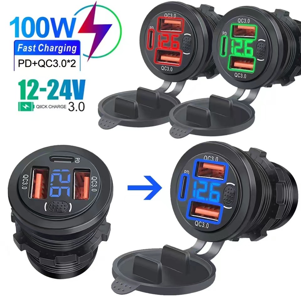 ใหม่ Triple USB C Car Charger ซ็อกเก็ต USB Outlets PD & 18W QC3.0 พร้อมปุ่มสวิทช์ดิจิตอล LED โวลต์มิเตอร์ 12 V/24 V สําหรับรถยนต์เรือ RV