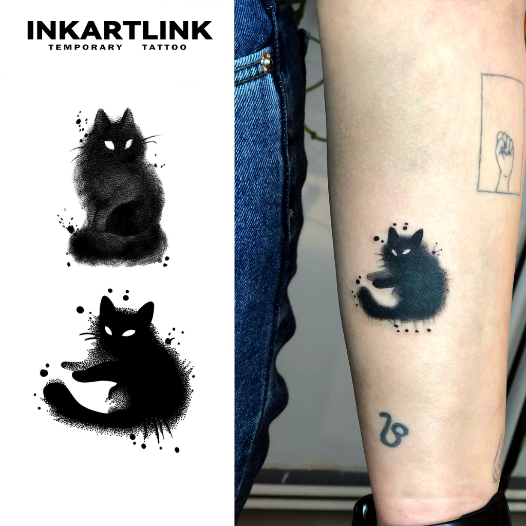 Inkartlink Magic Tattoo กันน้ํา กึ่งถาวร ติดทนนาน ชั่วคราว สติ๊กเกอร์รอยสักปลอมสไตล์มินิมอล รอยสักลูกแมวสีเข้ม รอยสักปาร์ตี้ รอยสักศิลปะ 6 ซม.12 ซม.