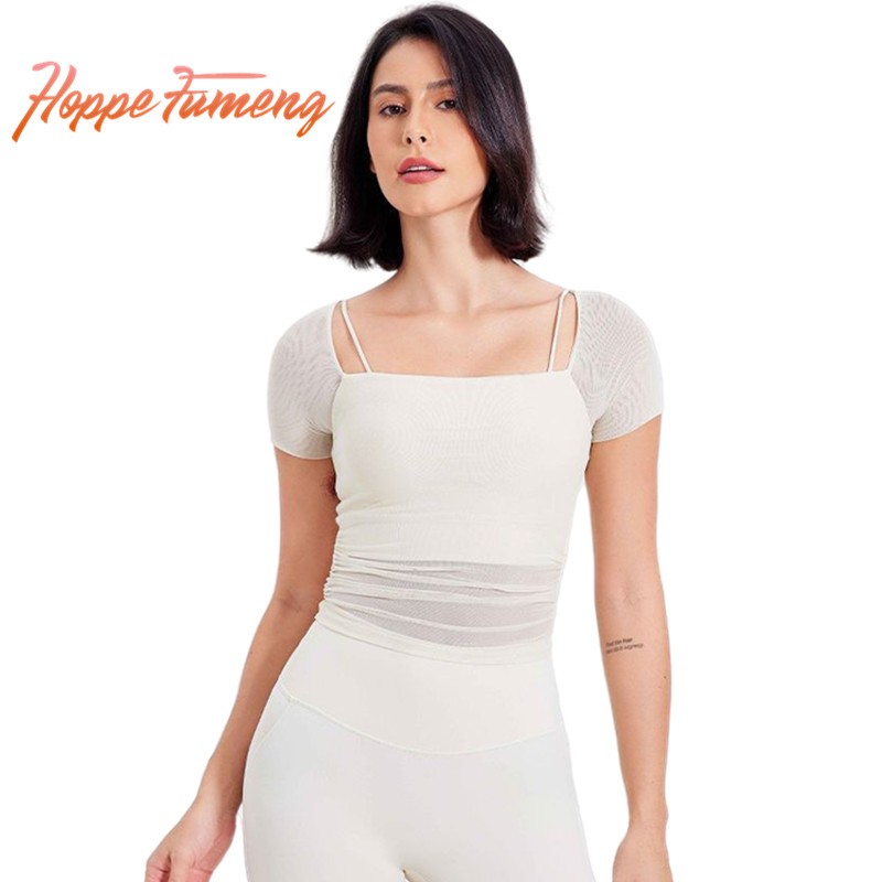 Hoppe Fumeng เสื้อเชิ้ตแขนสั้นผู้หญิงบุนวมพร้อมตาข่ายด้านนอก