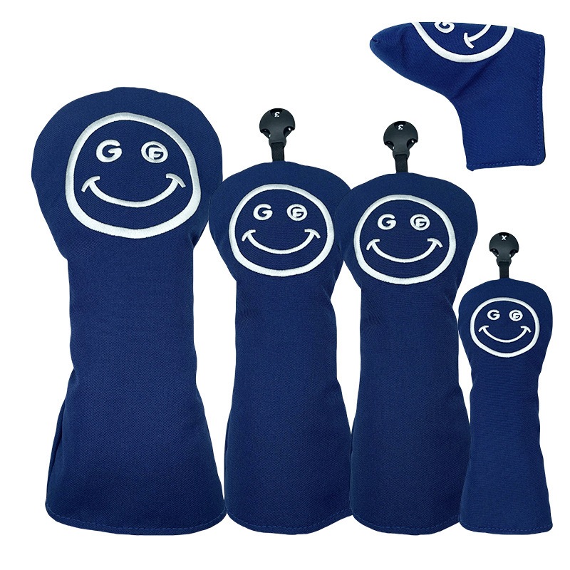 Simple Smiley Golf Club Cover Wooden Cap Cover 1/3/5.Ut ฝาครอบป้องกันหัวบอล วัสดุผ้าโพลีเอสเตอร์ไฮบริด เบอร์ 1 ไม้แฟร์เวย์ไม้ผสมเสาไม้ฝาครอบพัตเตอร์ฝาครอบ