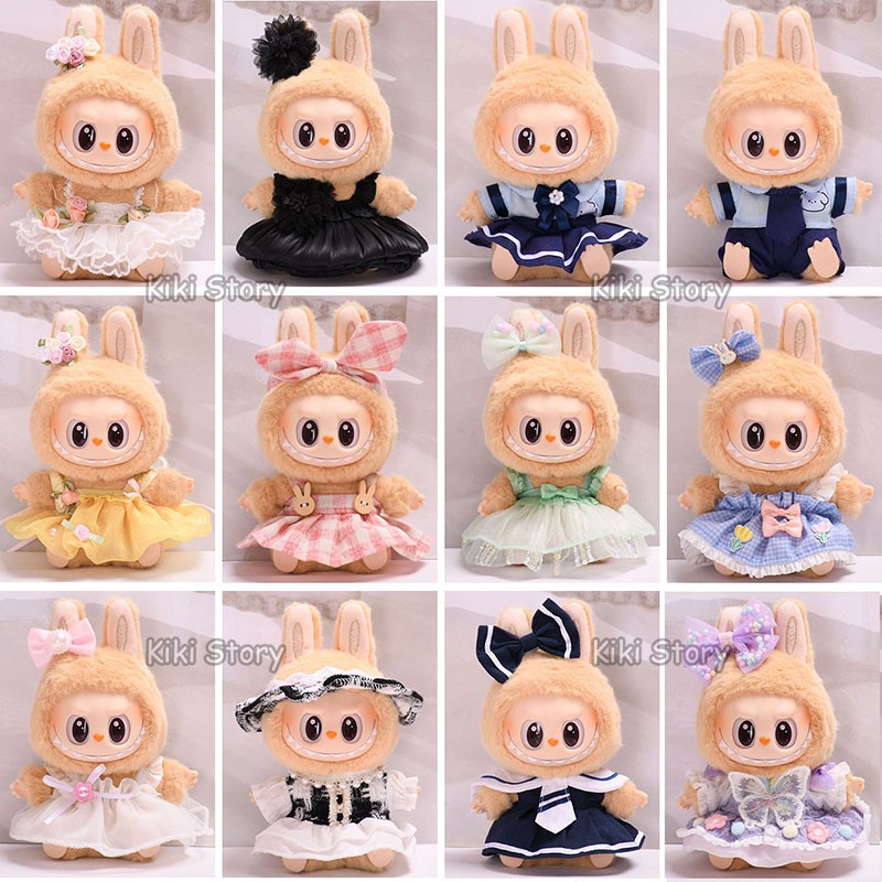 17c LABUBU V2 ลายสก๊อตชุดเจ้าหญิงชุดนักเรียน LABUBU ตําแหน่งนั่ง BJD Bao-ao ตุ๊กตาอุปกรณ์เสริม