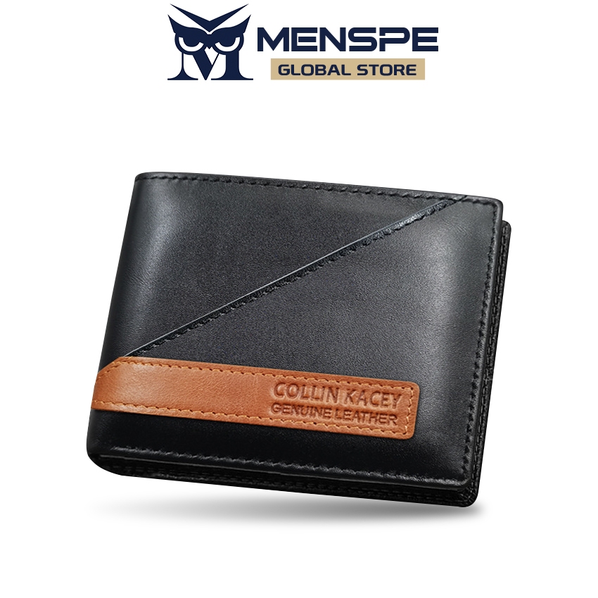 Menspe Mens True Leather Folding Wallet Retro Contrasting Color Design Zipper Clutch Multi-Card Posi