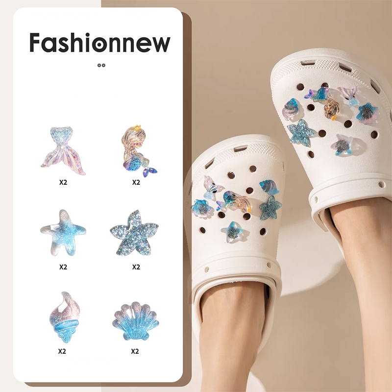 12 ชิ้น Glitter Mermaid ปลาดาว Jibz Cro รองเท้า Charms ชุด DIY น่ารักเรซิ่นเครื่องประดับอุปกรณ์เสริม DIY รองเท้าหัวเข็มขัด