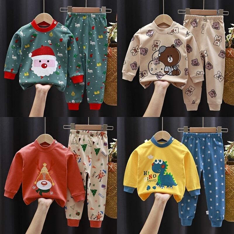 ชุดเสื้อลําลอง ผ้าฝ้าย ใส่สบาย และกางเกงวอร์ม ลายคริสต์มาส แฟชั่นฤดูใบไม้ร่วง สําหรับเด็ก อายุ 0-6 ปี