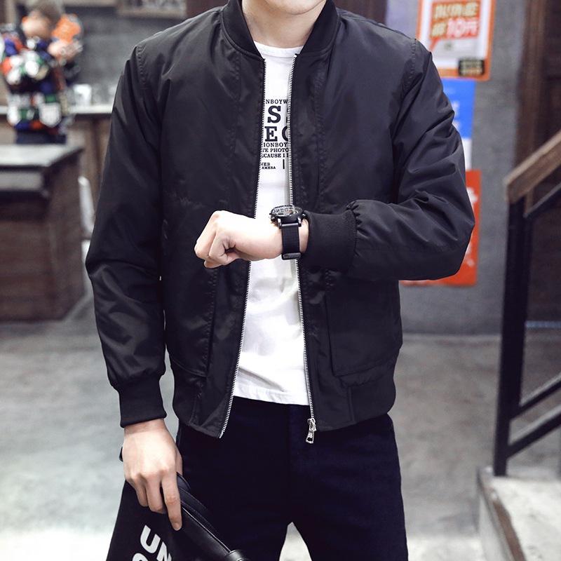 เสื้อแจ็คเก็ตแบบบางมีซิปแขนยาวผู้ชาย ฤดูใบไม้ร่วงลําลองสีทึบอเนกประสงค์ ดีไซน์คอปกตั้งแฟชั่น สไตล์พอดีหลวม