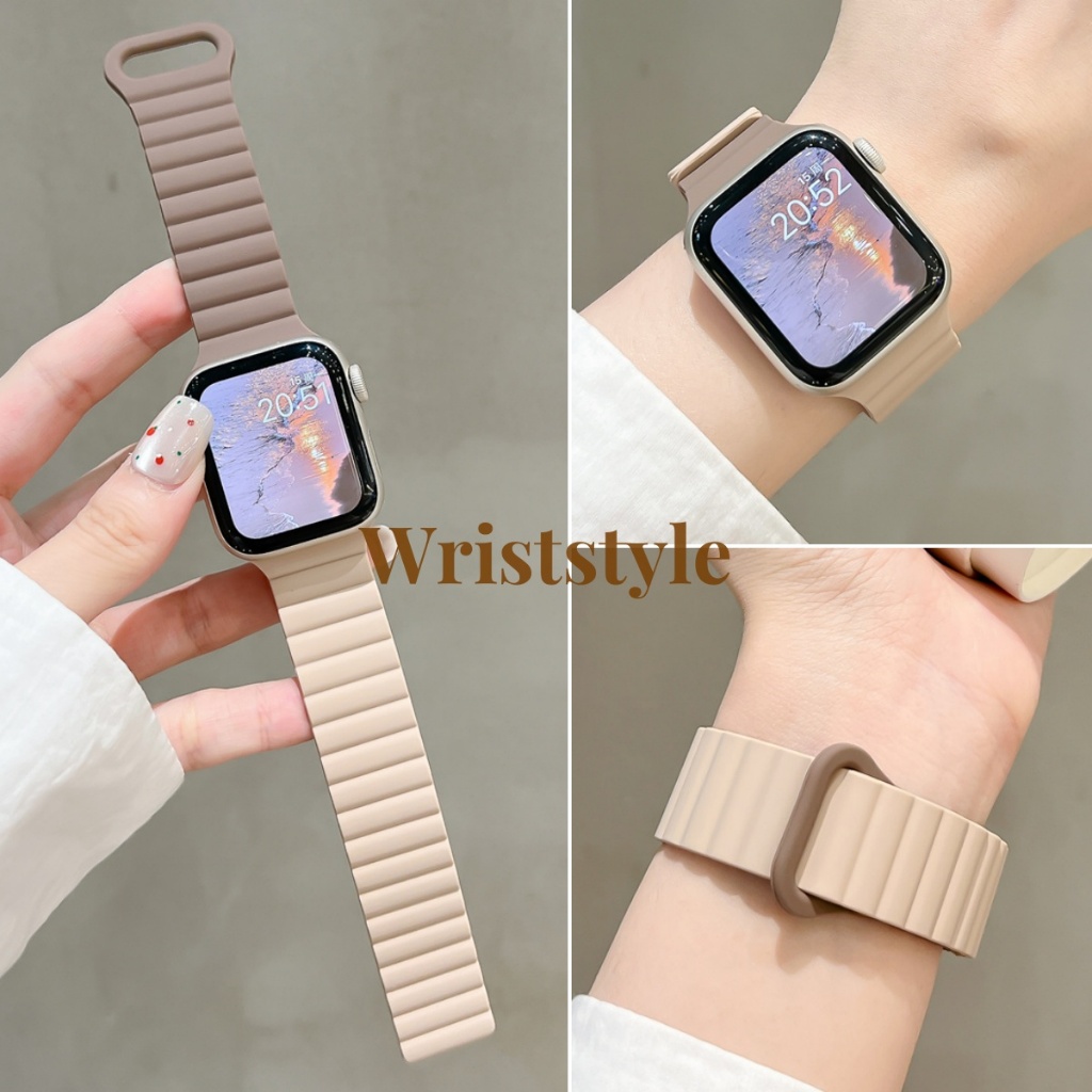 สายนาฬิกาซิลิโคนแม่เหล็กสีคู่สําหรับ Apple Watch S10/9/8/7/6/5/4/3/2/1 SE2 ULTRA ปุ่มเปลี่ยนสร้อยข้อมือสําหรับ iWatch 49 มม. 46 มม 45 มม.44 42 41 40 38 ผู้ชายผู้หญิง