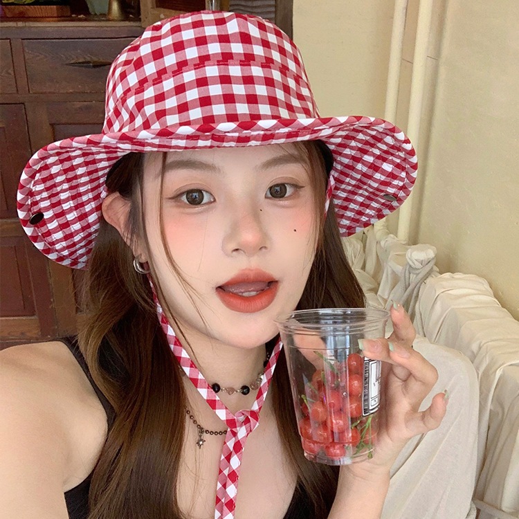 ใหม่ Girly สไตล์หวานลายสก๊อตหมวกหญิง Four Seasons All-Match Big Brim หมวกป้องกันรังสีอัลตราไวโอเลตหมวกบังแดด