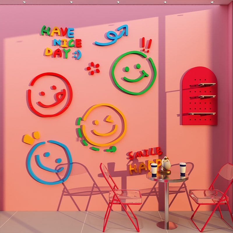 สติกเกอร์ยิ้มสร้างสรรค์ภาพวาดร้านชานมนาฬิกา-ในพื้นที่ภาพพื้นหลังตกแต่งผนัง3งอะคริลิผนังสติ๊กเกอร์เค้าโครงร้านขนมผนัง