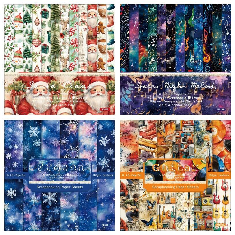 12 แผ่น 6"X6" Starry /Christmas/Music กระดาษสมุดภาพ Scrapbooking กระดาษลวดลายแพ็ค DIY craft พื้นหลังกระดาษ