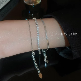 DREJEW เดรช 3 ชิ้นซ้อนเพทายสแควร์งูโซ่กระดูกสร้อยข้อมือชุดสามชิ้นสร้อยข้อมือแฟชั่นสไตล์เย็นแสงหรูหราระดับไฮเอนด์เครื่องประดับมือส