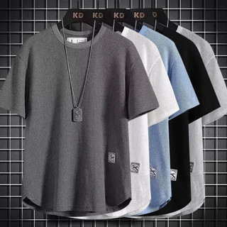 Proman-Waffle T Shirt For Men Casual Loose Aesthetic Round Neck Short-Sleeved