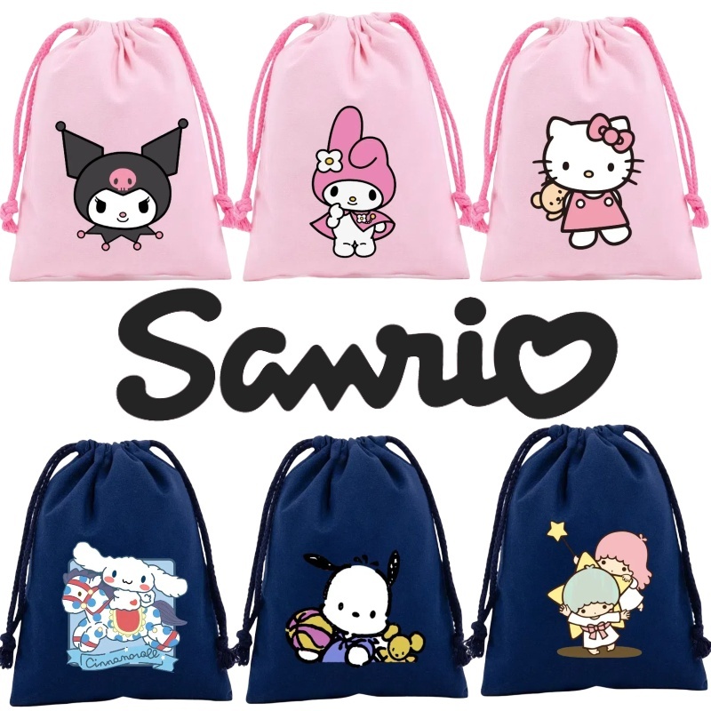 SANRIO สินค้าเฉพาะจุด sanrio Kuromi Drawstring กระเป๋าการ์ตูน Hello Kitty Storage Melody Gift Cinnamoroll Plush ผ้า