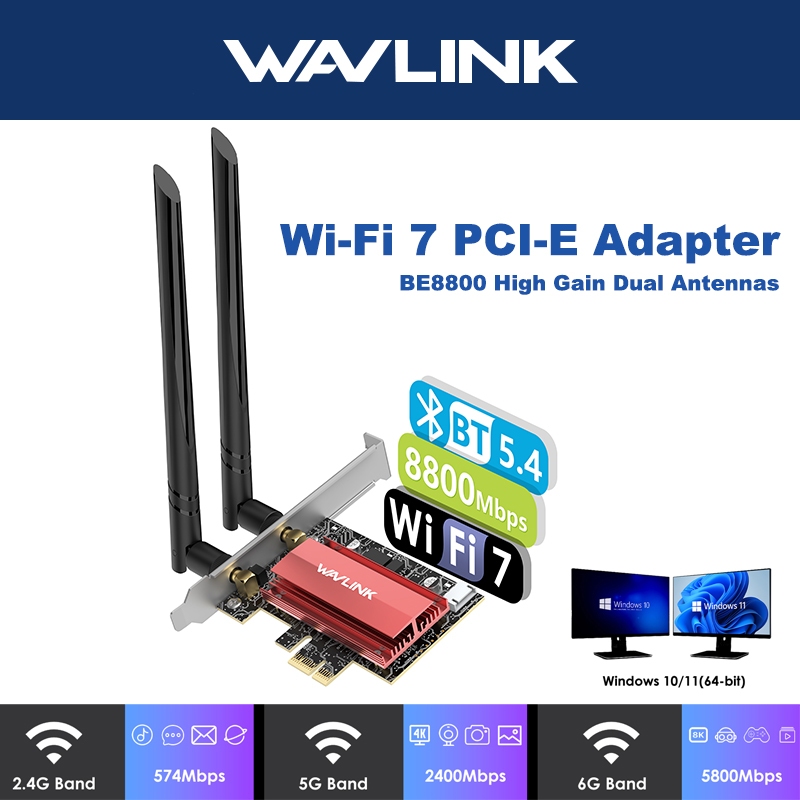 Wavlink BE8800 WiFi 7 PCIe การ์ดเครือข่าย MU-MIMO อะแดปเตอร์ไร้สายพร้อม Bluetooth 5.4