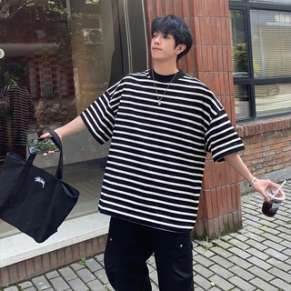 Proman- สไตล์อเมริกัน แนววินเทจ ยอดนิยม แขนสั้น ชาย แฟชั่น ลายทาง เสื้อยืด ลำลอง แมทช์ลุคง่าย