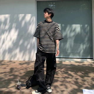 Proman- สไตล์อเมริกัน แนววินเทจ ยอดนิยม แขนสั้น ชาย แฟชั่น ลายทาง เสื้อยืด ลำลอง แมทช์ลุคง่าย