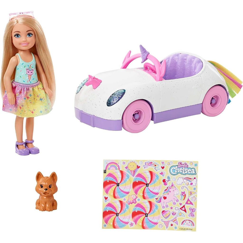 Barbie Chelsea Doll & Unicorn Toy Car, ตุ๊กตาบาร์บี้เชลซี & รถของเล่นยูนิคอร์นตุ๊กตาขนาดเล็กสีบลอนด์