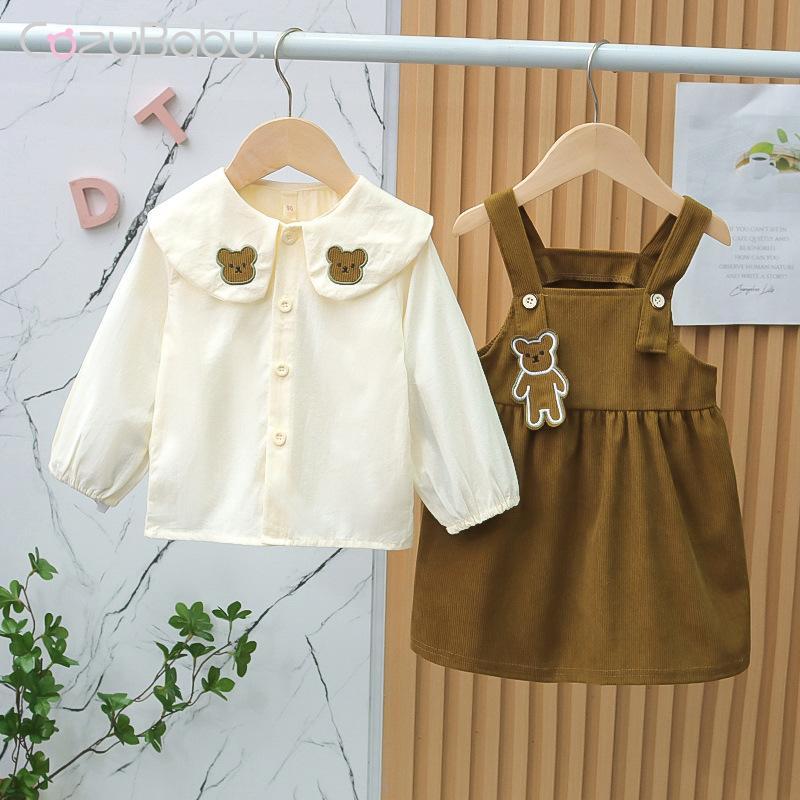สาวชุด เสื้อฤดูใบไม้ร่วง 2 ชิ้น + กระโปรงสายคล้อง ชุดหมี