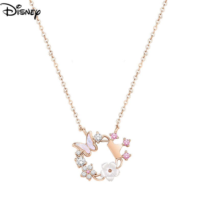 Disney อย่างเป็นทางการแท้ S925 สร้อยคอเงินผู้หญิงผีเสื้อดอกไม้สร้อยคอ high-end จี้แฟนตาซีผีเสื้อ SP-1054