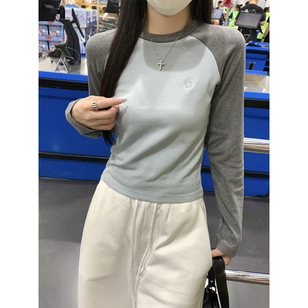 77214 ผ้าฝ้ายแท้ Raglan ไหล่ Contrast สีรอบคอ All-Match แขนยาว