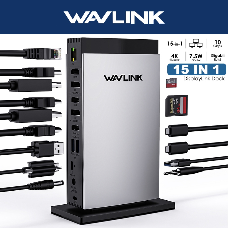 Wavlink DisplayLink Docking Station 4K Triple HDMI Display 10Gbps USB*5 Dual DP RJ45 เสียง SD/TF สํา