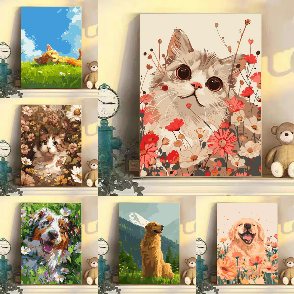 【ORFON】 40×50cm ระบายสีตามตัวเลข/สุนัขและแมวน่ารัก/ภาพระบายสี/ระบายสีตามตัวเลข Diy / ของขวัญ / ศิลปะตกแต่งห้องนั่งเล่น