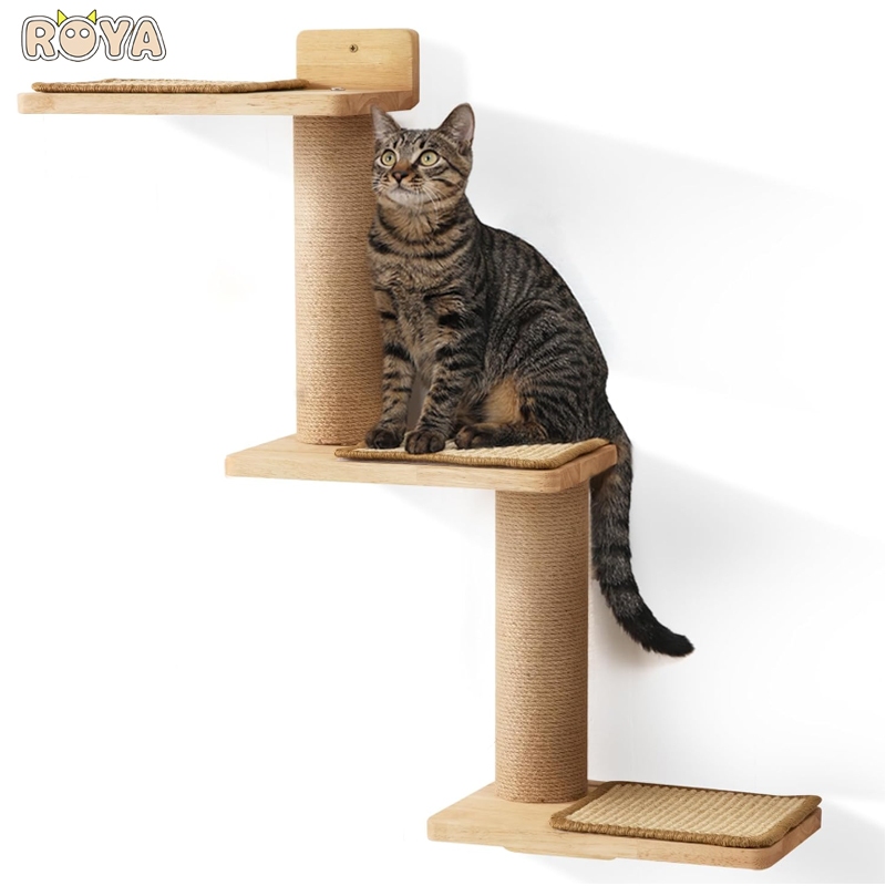 Roya Cat Climbing ชั้นวางของติดผนังบันไดแมวสี่ขั้นตอนบันไดแมวพร้อม Jute Scratching สําหรับแมว Perch Platform Supplies
