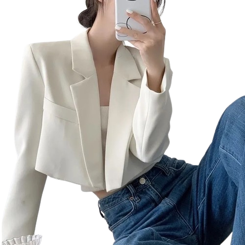 High-end Feeling สีดํา Buttonless สั้นเสื้อสูทผู้หญิงฤดูใบไม้ผลิฤดูใบไม้ร่วงการออกแบบสไตล์ใหม่ Niche Classy Celebrity เอวสูงด้านบน