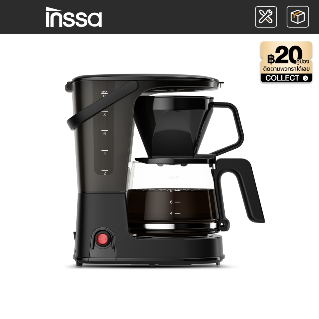 INSSA เครื่องชงกาแฟ ความจุขนาดใหญ่ 1.25 ลิตร , ตัวกรองหยดอัตโนมัติ ชงชากาแฟ 10 ถ้วย KFJH012