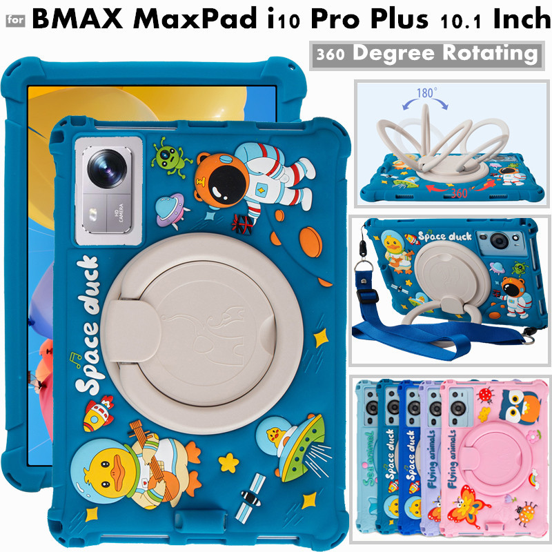 for BMAX MaxPad i10 Pro Plus 10.1 Inch 360 Degree Rotating Cute Cartoon Shockproof Soft Silicone Protective Sleeve Stand Cover