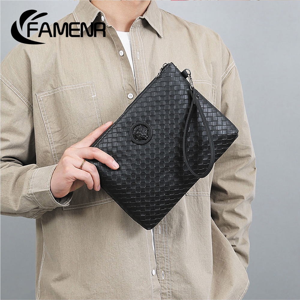FAMENR【พร้อมส่ง】 กระเป๋าคลัทช์ทอ กระเป๋าถือ กระเป๋าคลัทช์ หนัง PU แบบถัก อเนกประสงค์ แฟชั่นสําหรับผู้ชาย